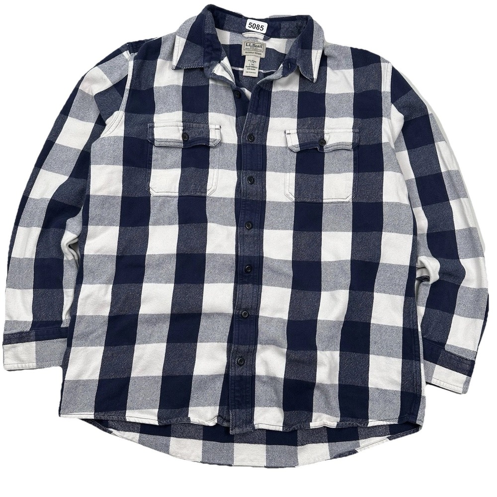 LL Bean Katahdin Blue Buffalo Plaid Flannel Shirt Mens Large Tall 508923